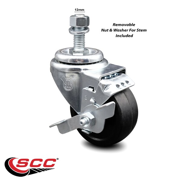 3.5 Inch Soft Rubber Wheel Swivel 12mm Threaded Stem Caster with Brake SCC